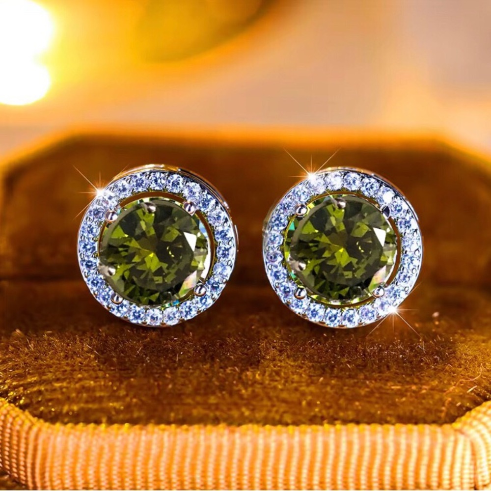 New Sterling Green Olive Diamond Halo Silver Stud Earrings
